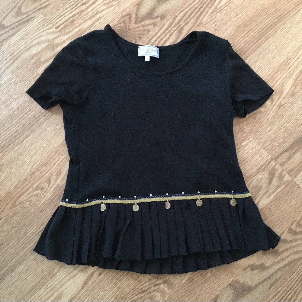Azuleros France Black Knit Top‎ pleated peplum sz L